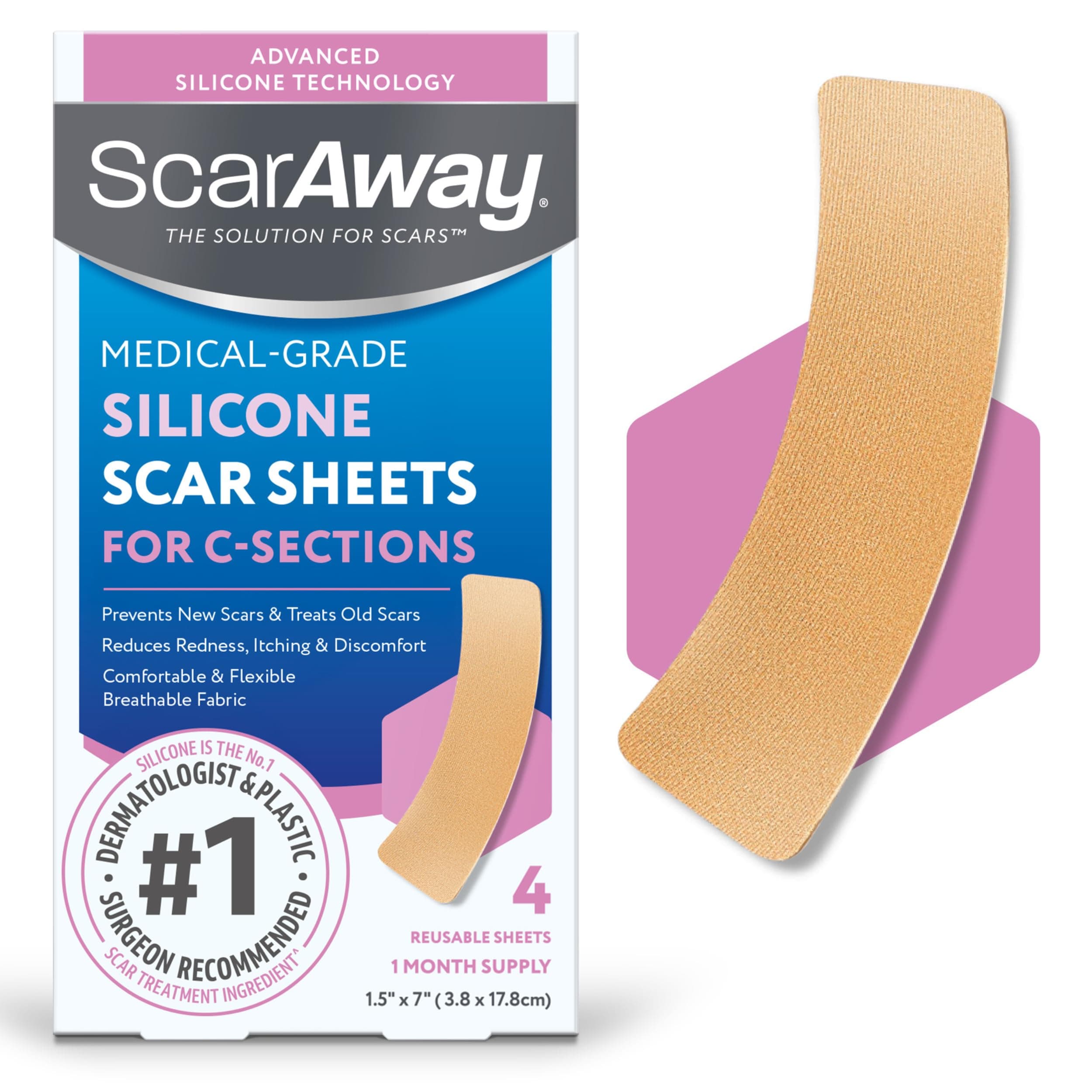 Advanced Silicone Scar Sheets for C-Section, Reusable Strips (1.5” x 7”) for Hypertrophic and Keloid Scars from C-Section & Other Surgeries, 4 Sheets