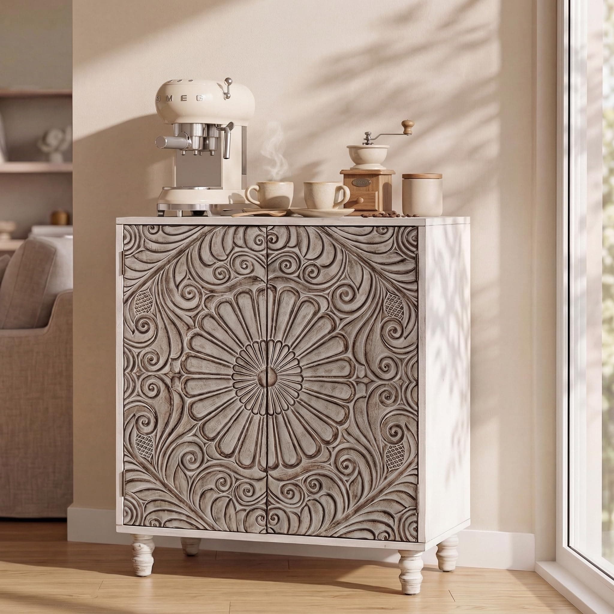 32" W Sideboard Buffet & Bar Cabinet with Storage, Accent Cabinet with 2 Push-to-Open Magnetic Doors, Vintage MDF Buffet Table for Living Room, Kitchen, Hallway (Gray,Flower Pattern)