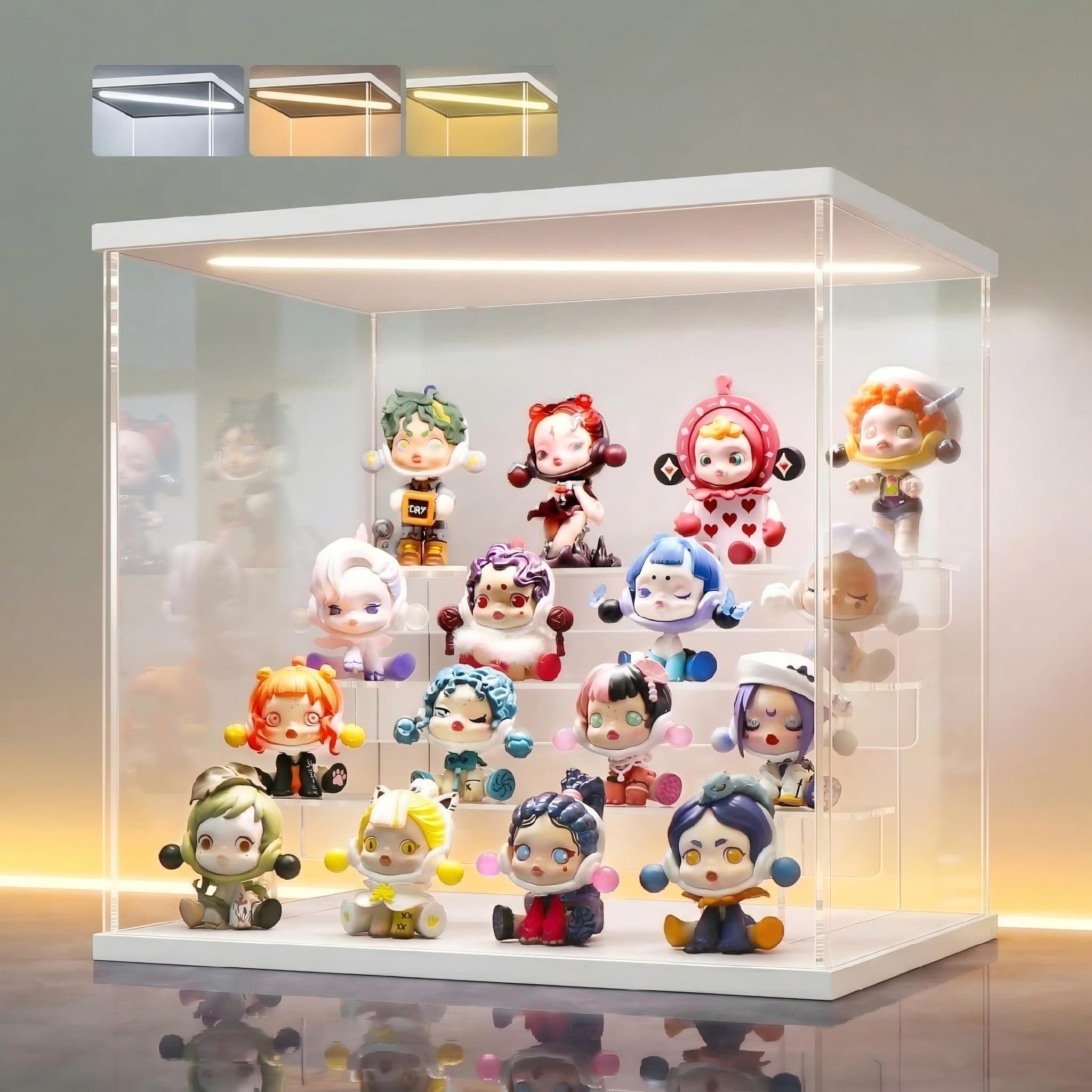 LED Lighted Acrylic Display Case, 4 Tier Display Box for Collectibles and Action Figures, Clear Dustproof Organizer with White Base – 11.8x8.9x11inch