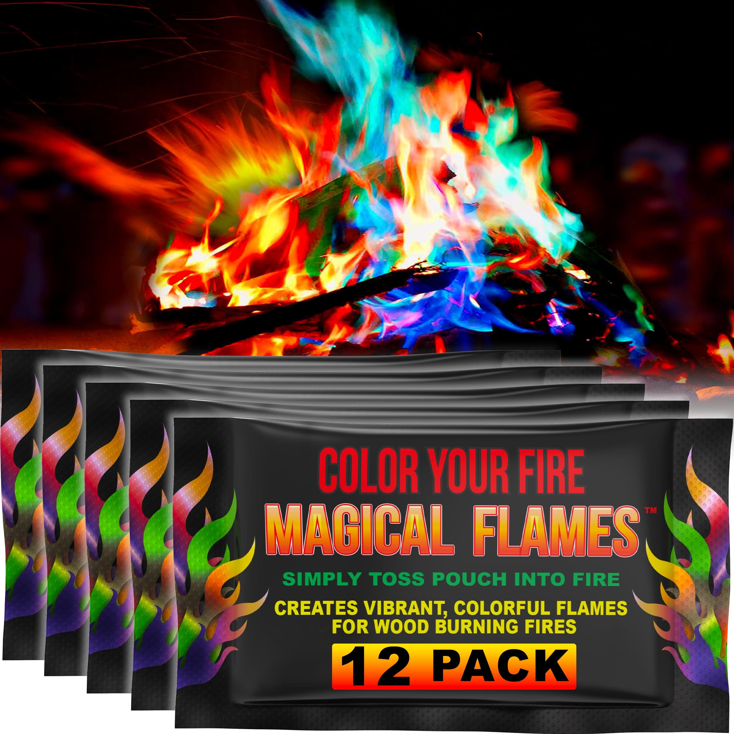 Magical Flames Fire Color Changing Packets for Campfires, Fire Pit, Outdoor Fireplaces - Camping Essentials for Kids & Adults - 12 Pack