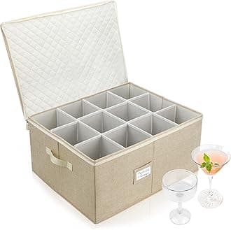 LotFancy Stemware Storage Container, Hard Shell, Large Wine Glass Storage Box for Moving, Stackable, Foldable, Crystal Glassware, Drinkware Case with Dividers & Handles, 21”x15.5”x10”, Beige