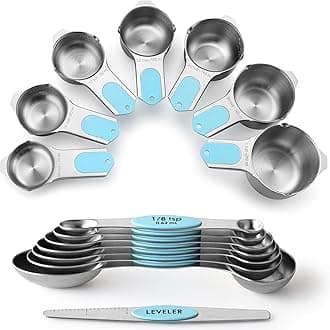 Spring Chef Magnetic Measuring Cups & Spoons Set, Patented, Strong Magnets, Heavy Duty Stainless Steel Fits in Spice Jars for Baking & Cooking, BPA Free, Round Set of 15 with Leveler, Aqua Sky