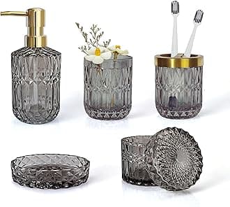 Gray Bathroom Accessories Set, 5Pcs Clear Glass Bathroom Sets, Soap Dispenser, Soap Dish, Toothbrush Holder Set, Cotton Swab Jar, Black and Gold Accent for Vintage Bathroom Decor, Gift Set