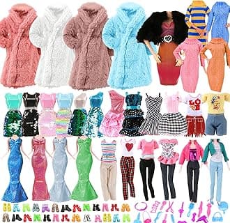 70 PCS Clothes and Accessories for 11.5 inch Doll 7 Party Dress 5 Tops 5 Pants 2 Winter Coats 1 Sweater 1 Scarf 1 Hat 10 Pair of Shoes 28 Accessories Set in Random Christgmas Present for Girl Boy