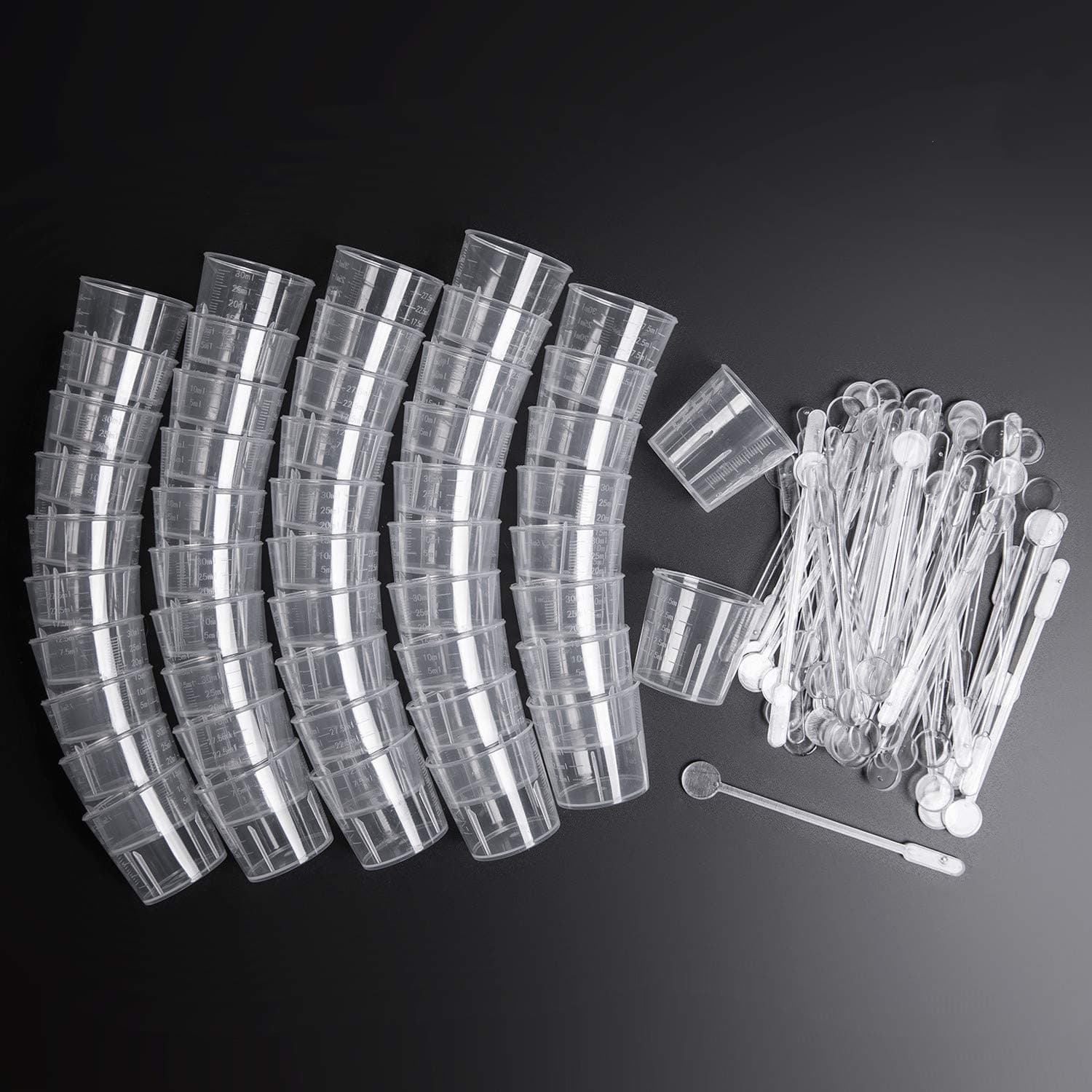 50 Pack 30ml Plastic Graduated Cups Transparent Scale Cups with 50 Pack Plastic Stirring Sticks for Mixing Paint