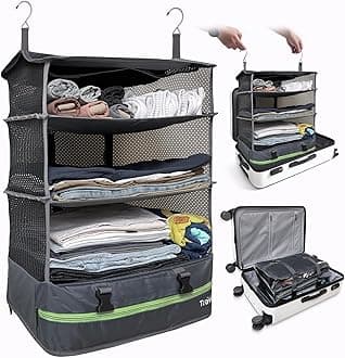 Stow-N-Go Portable Hanging Travel Shelves, Packing Organizer for Luggage. Carry on Closet for Clothes. Expandable Packing Cube. Travel Essentials. Dak Gray - XL