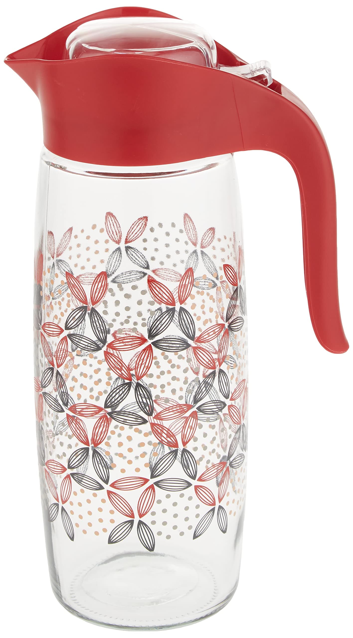 Q Lux Amfora Oval Patterned Pitcher 1600Cc, Water Pitcher With Lid, Iced Tea Pitcher, Easy Clean Heat Resistant Glass Jug For Juice, Milk, Cold Or Hot Beverages, Red, C-00239-Rd, Q-Luxc239-Rd