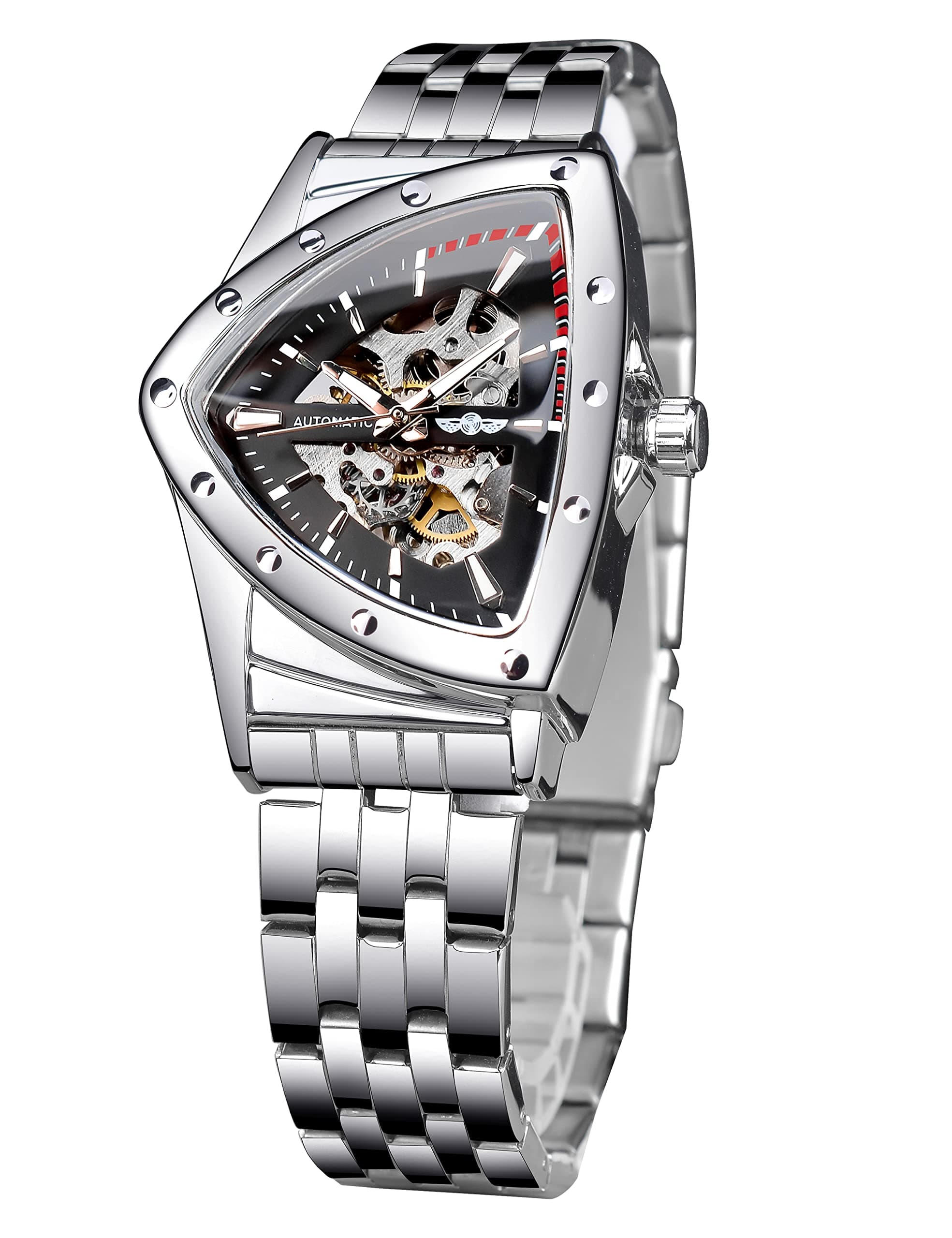 Triangular Gold Shield Automatic Mechanical Watch, Oversized Dial Fully Hollowed Out Dial Design, Automatic Movement, 20MM Wide Stainless-Steel Strap, Strong and Durable