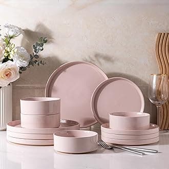 Ceramic Dinnerware Set for 4 | Speckled Stoneware Plates and Bowls with unglazed terracotta | Scratch Resistant, Dishwasher & Microwave Safe Dishes Sets- 12-Pcs Pink