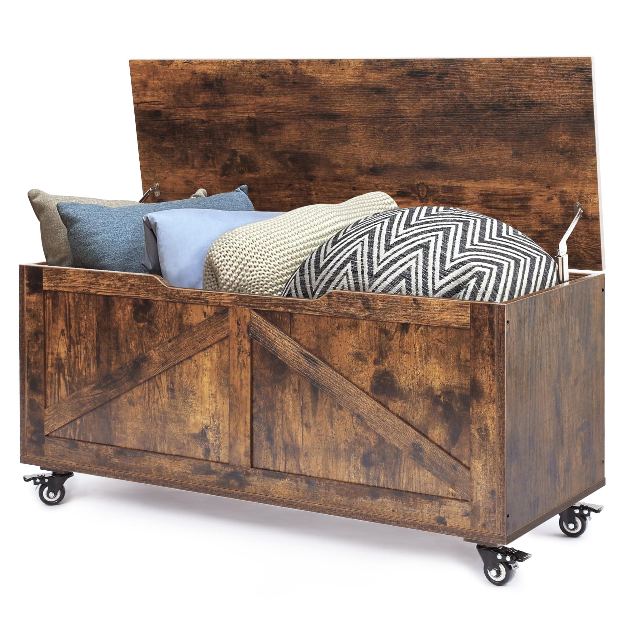 Evajoy Storage Chests, Retro Storage Bench and Trunks with Wheels, Toy Storage Box with Safety Hinge, Wooden Flip-Top Blanket Organizer with Seating for Entryway, Bedroom, Living Room