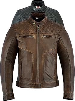 Mens Leather Motorcycle Jacket - Touring Motorbike Jacket With Genuine Biker CE Armour (EN 1621-1) Protection Quilted Diamond Stitched Design - Brown - L