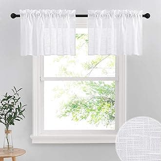 RYB HOME Linen Textured White Curtains Sheer Window Toppers Valances Semi-Sheer Drapes for Kitchen Bedroom Small Window Decor Cafe Curtains, Wide 52 x Long 18 inch per Panel, 1 Pair