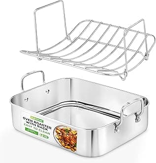 Roasting Pan with Polished Rack, Wide Handle, and Stainless Steel Lid, Turkey Chicken Roasting Pan Great for Thanksgiving Dinners, Tender Roast, Deep Dishes, and More