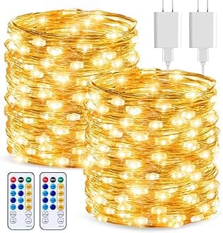Minetom 66 Feet 200 LEDs USB Fairy String Lights with Remote, Copper Wire Starry Lights for Bedroom Wall Ceiling Christmas Tree Wreath Craft Wedding Party Decoration, Warm White