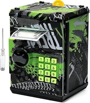 ATM Piggy Bank for Boys Girls, Vcertcpl Mini ATM Coin Bank Money Saving Box with Password, Kids Safe Money Jar for Adults with Auto Grab Bill Slot, Great Gift Toy Bank for Kids (Large, TY-GreenGray)