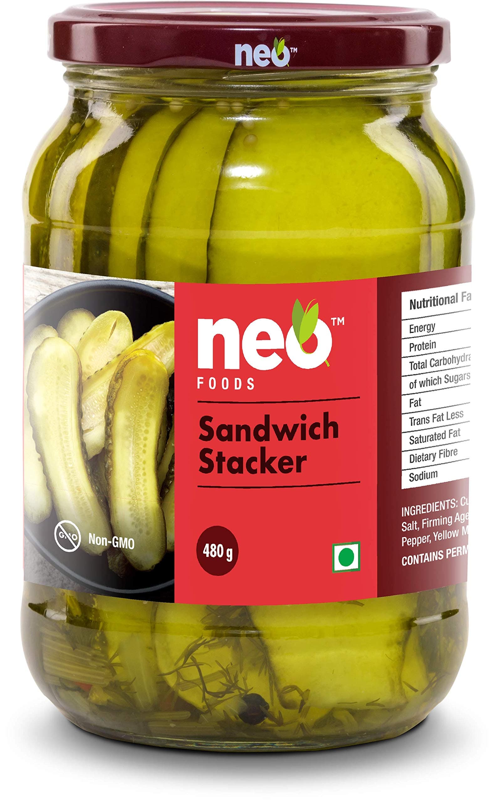 Neo Sandwich Stackers 480G I 100% Plant Based I Low Fat Sweet and Salty Gherkin Slices, Ready to Eat I Make Burger, Sandwich and More (Pack of 1)