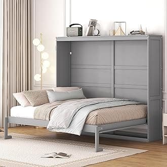 Queen Size Murphy Bed Frame, Foldable Cube Cabinet Queen Platform Bed, Modern Murphy Bed, Space-Saving Wall Bed for Guest Room or Home Office, No Box Spring Needed, Noise Free (Grey)