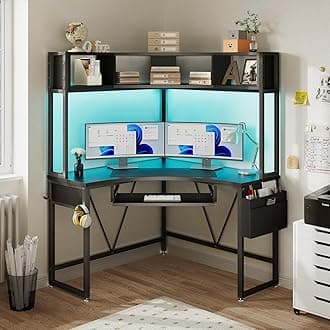 SEDETA Corner Desk, Small Computer Desk with Hutch & LED Lights, Triangle Corner Gaming Computer Desk with Keyboard Tray, Storage Bag, and Headphone Hook for Small Space, Home Office Desk, Black