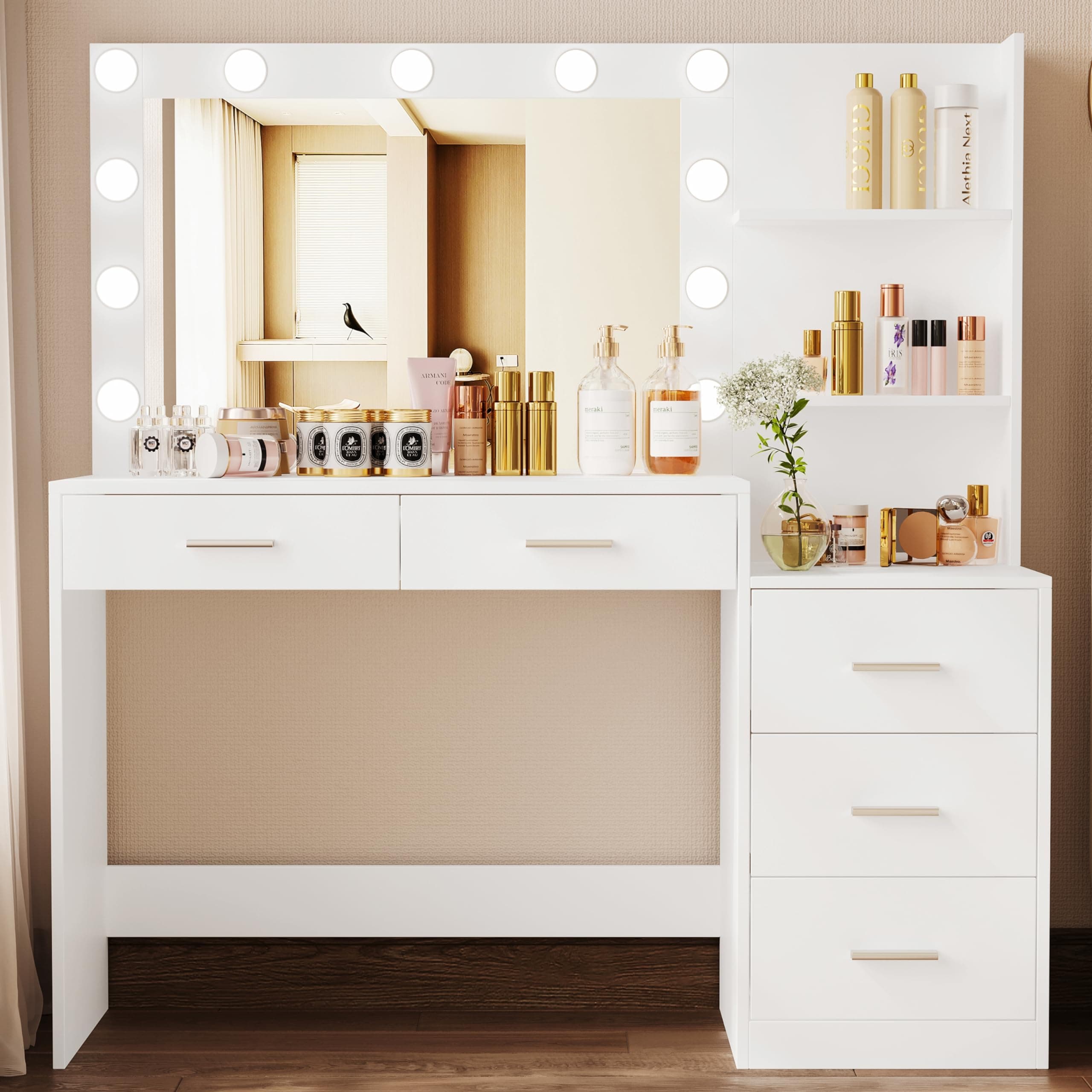 46.7" Makeup Vanity Table with Lighted Mirror, Large Vanity Desk with Storage Shelf & 5 Drawers, Bedroom Dressing Table, 11 LED Lights, White