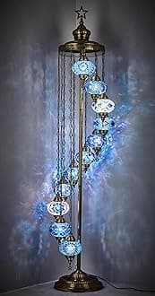 11 Globe Turkish Moroccan Mosaic Floor Lamp – 210 cm Tall Tiffany Style Standing Boho Lamp for Living Room, Bedroom & Entryway – Handmade in Turkey, Blues