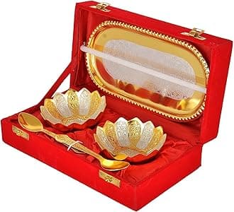 R Ayurveda Copper Silver/Gold Kamal Bowl Set with Royal Velvet Box 5 PCS