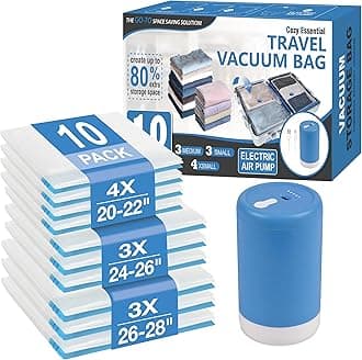 Cozy Essential Travel Vacuum Storage Bags with Rechargeable Cordless USB Pump, Space Saver Bags for Luggage, Suitcase, Carry-On, for Clothes, Blankets, Bedding & Seasonal Storage,10 Combo