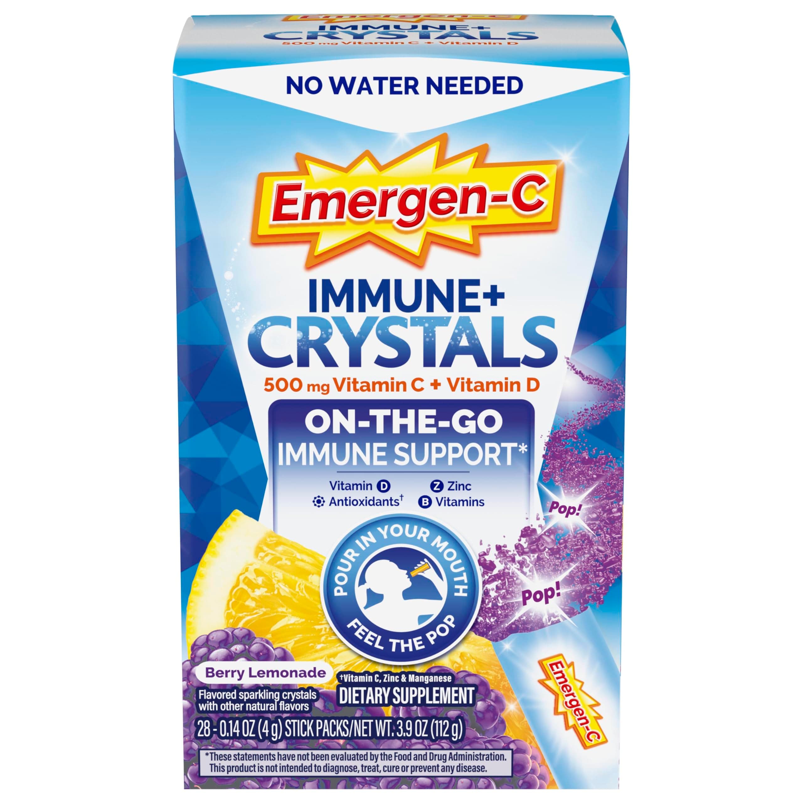 Immune Plus Crystals, On-the-Go Immune Support Supplement with Vitamin C, Vitamin D, B Vitamins, Zinc and Manganese, Berry Lemonade - 28 Stick Packs