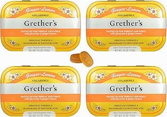 GRETHER'S Sugarfree Ginger Lemon Pastilles – Premium Swiss Throat Lozenges for Dry Mouth & Throat Comfort – Citrus-Fresh Flavor – Gluten & Lactose Free – Gift for Singers – 3.75 oz, 4 Pack