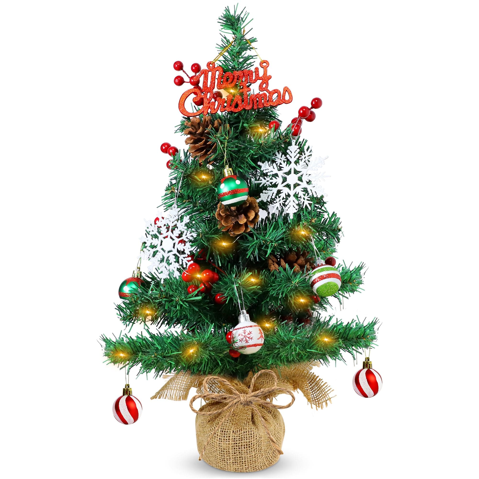 23.6 Inch Mini Tabletop Christmas Tree with Lights- Artificial Small Christmas Tree with 30 LED Lights & DIY Ball Ornaments Red Berries Pine Cone for Xmas Holidays Table Mantle Decor
