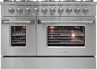 Gas Range Cooktop, 48-Inch with Double Porcelain Convection Oven and Broil Function, 8 Sealed Burners Continuous Grates with Stainless Steel Construction, 6.7-Cu.Ft, Metallic