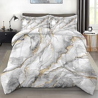 Comforter Set Queen Size, Marble Black Gold Stone Soft 3 Pcs Bedding for Kids and Adults, Gray Vintage Retro Comforter Set with Pillowcase, for Bedroom Bed Decor