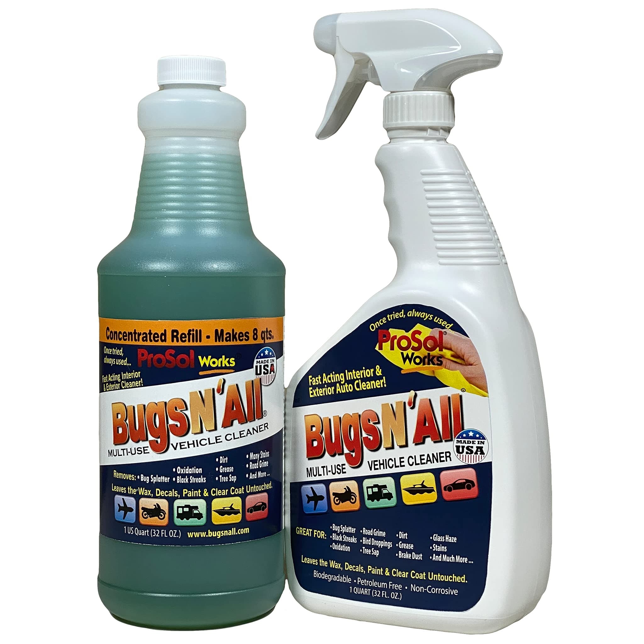 Bugs N’ All Multipurpose Car Cleaner & Degreaser - Bug & Tar Remover Concentrate 32 oz - Exterior Cleaner Safe for Car Paint, Metal, Chrome, Aluminum, Windows & Mirrors - w/Free 32 oz Spray Bottle