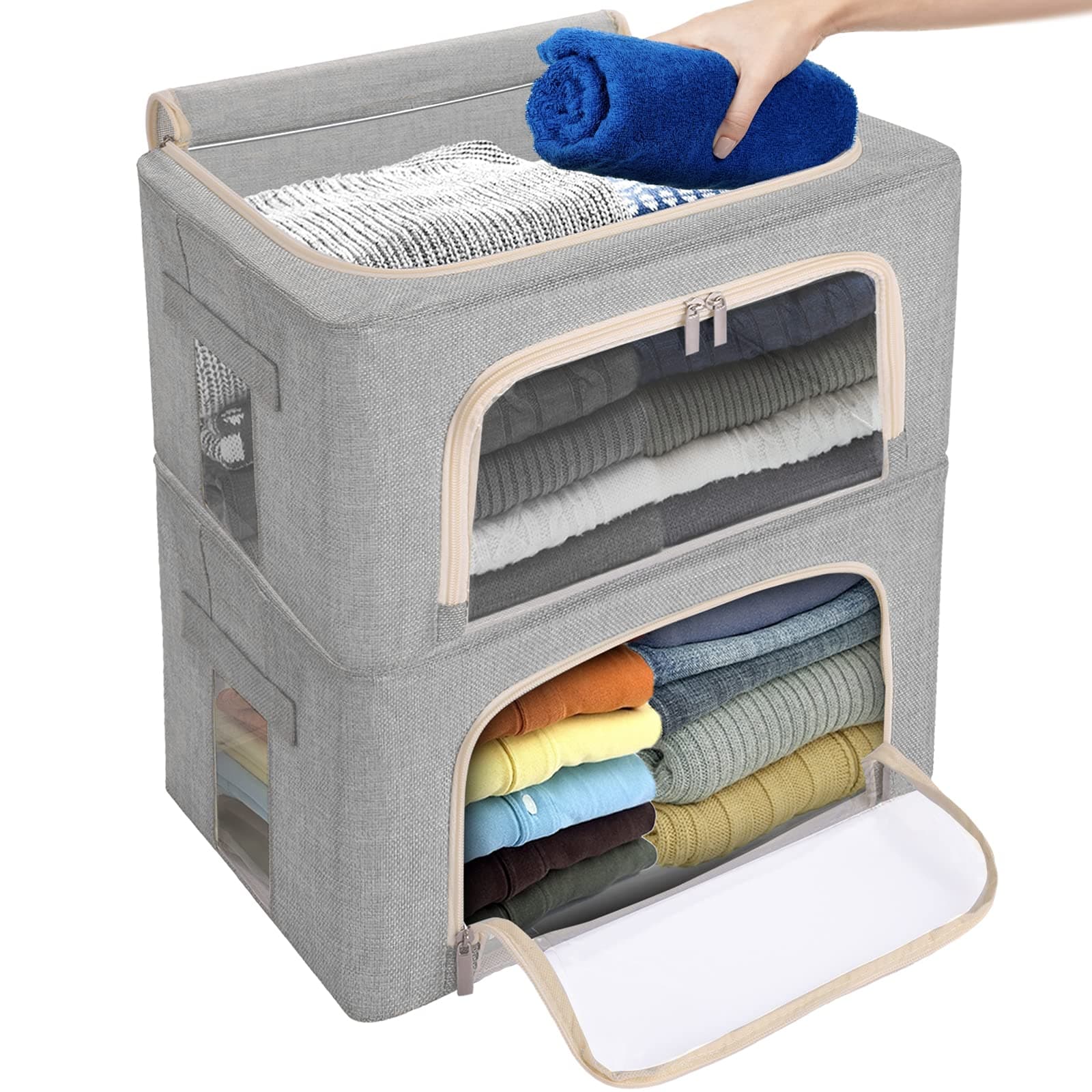 Awekris 2 Pack Stackable Storage Bins Box, Foldable Clothes Organizer with Clear Window & Carry Handles, Great for Clothes, Blankets, Closets, Bedrooms and More Medium (Light Grey)