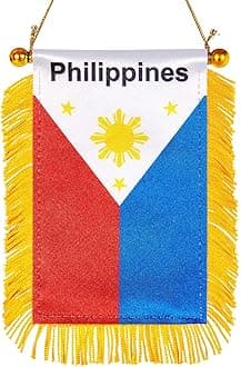 WXTWK 3 X 5 Inch Philippine Philippines Flag Filipino Window Hanging Flag Small Mini Car Flags Banners Rearview Mirror Decoration With Suction Cup Golden Fringy Banner