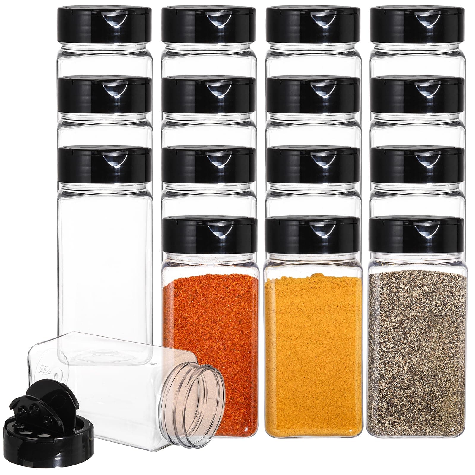 Bekith 16 Pack 9 Oz Plastic Spice Jars Bottles Containers with Black Cap – Perfect for Storing Spice, Herbs and Powders
