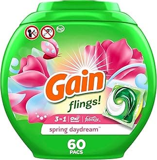 Gain Flings Laundry Detergent Pacs, 60 Count, Spring Daydream Scent, 3 in 1 HE Detergent Pacs with Oxi Boost and Febreeze