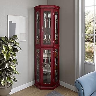 BELLEZE Lorona Floor Standing 5 Sided Lighted Corner Curio Cabinet, Cherry