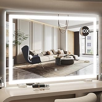 HNV Vanity Mirror with Lights 32"x22" Large Lighted Makeup Mirror, Dimmable 3-Color LED, Touch Screen, Wall-Mount or Tabletop, Ultra-Clear for Bathroom & Bedroom (White)