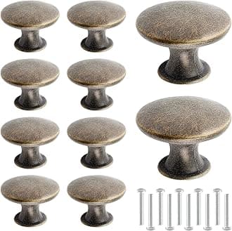 Zorfeter 10 Pcs Antique Brass Cabinet Knobs Round Rustic Brass Drawer Knobs Hardware Pulls Handles for Kitchen Cupboard Dresser, 30mm Diameter