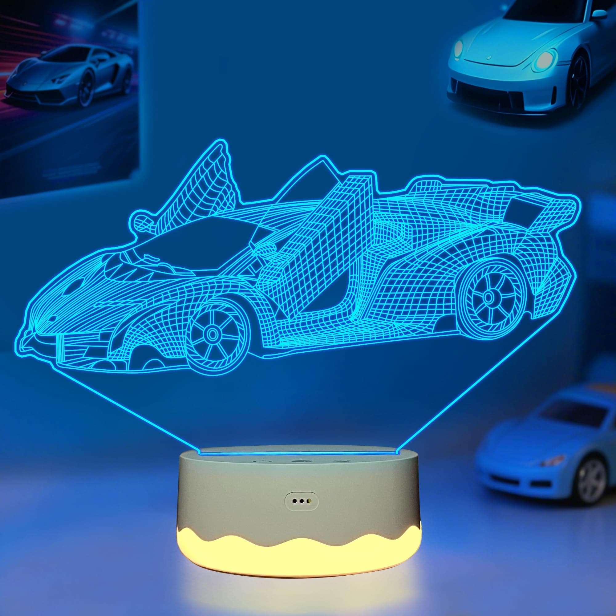 CooPark Car 3D Night Light, LED Racing Illusion Lamp with 16 Color Changing & Remote Control + Timer + Warm White Light, Best Birthday Vehicle Gift for Boys Men Kids