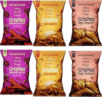 Khari Foods Healhty Crispies Combo, Tandoori Ragi, Peri Peri Beetroot, Masala Oats Chips, No Palm Oil, No Maida, Millet Goodness, Fibre Rich, Zero Cholestrol, Gluten Free Vegan Snacks (50g x 6 Combo)