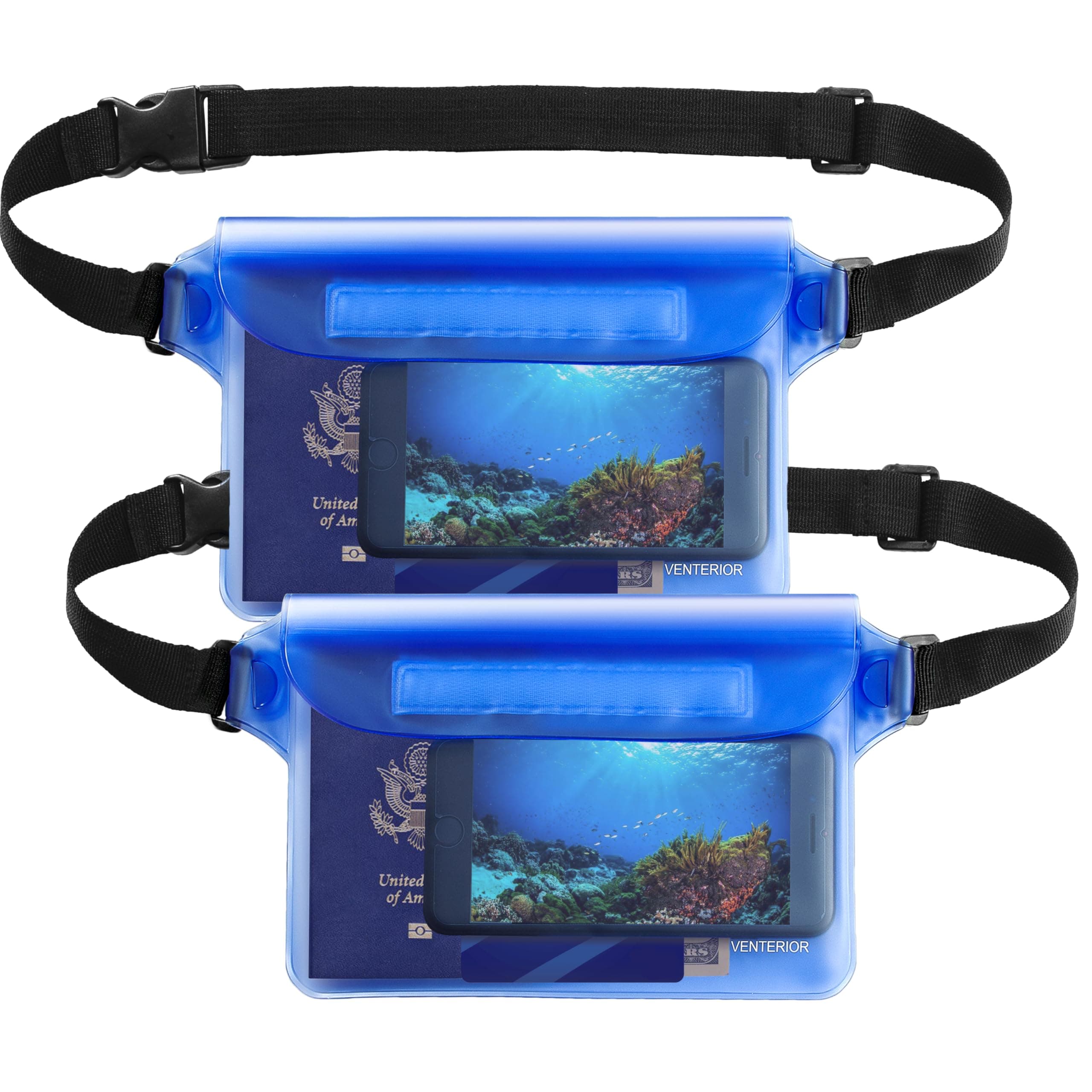 Waterproof Pouch 2 Pack with Adjustable Waist Strap - Keep Your Phone Wallet License Safe and Dry - Dry Bag for Boating Swimming Snorkeling Fishing Sailing Beach Water Parks (Blue & Blue)