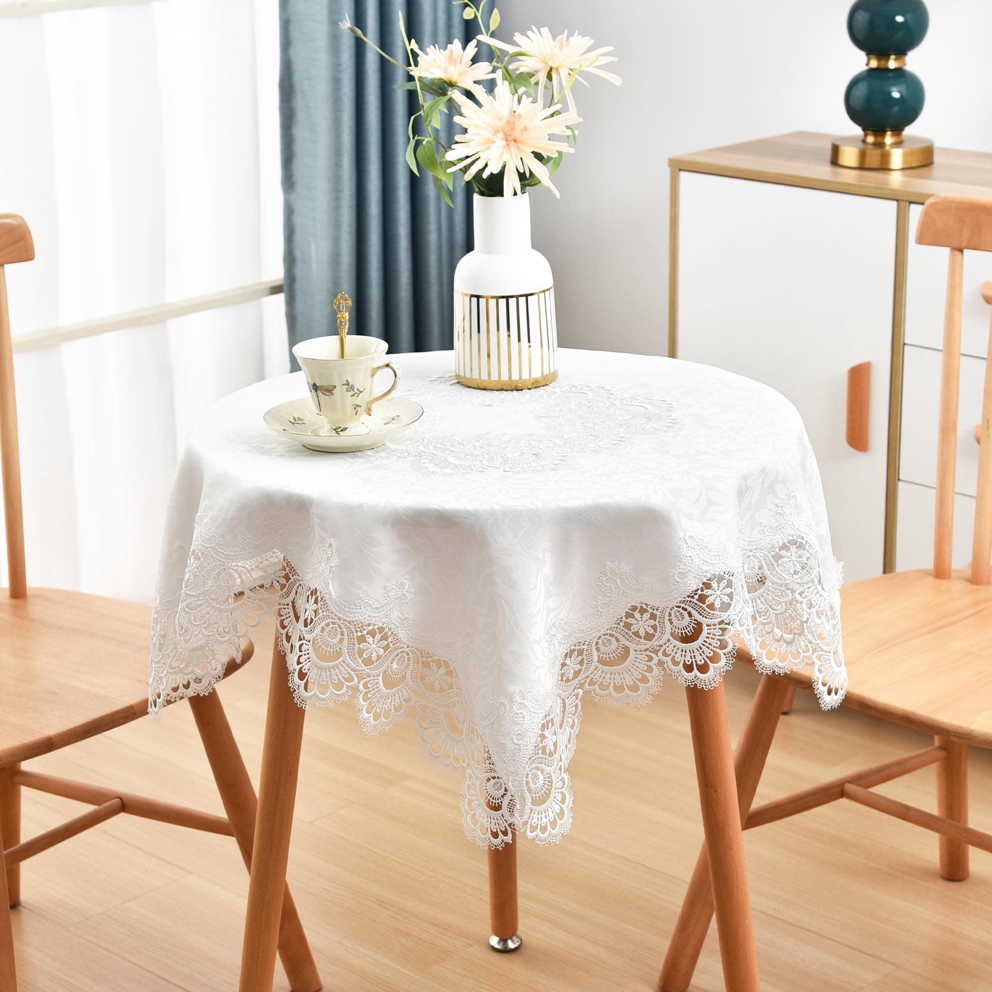 Elegant White Lace Jacquard Small Square Tablecloth for End Side Coffee Table Cover Home Decoration 36 x 36 Inch