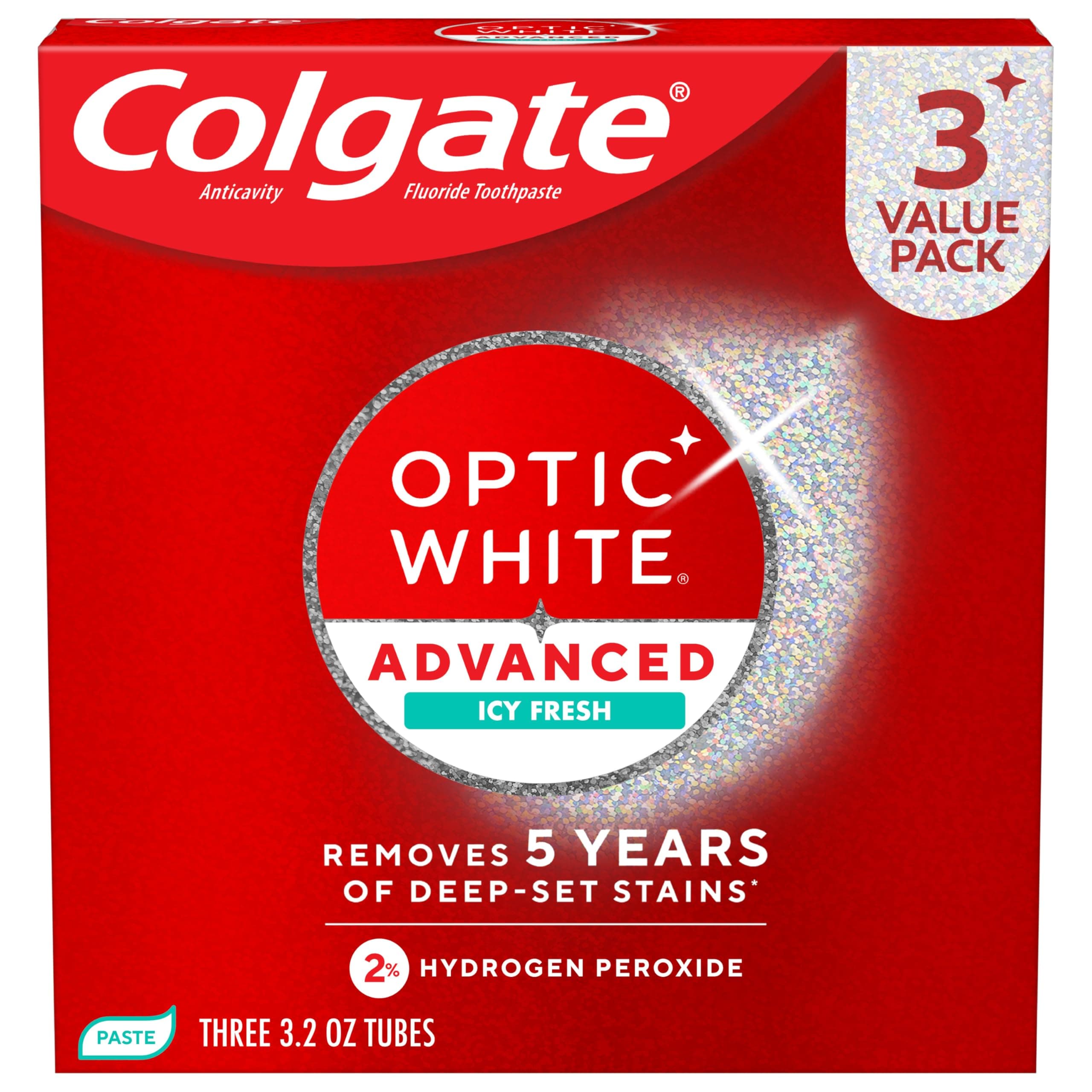Colgate Optic White Advanced Teeth Whitening Toothpaste, 2% Hydrogen Peroxide Toothpaste, Icy Fresh, 3.2 Oz, 3 Pack