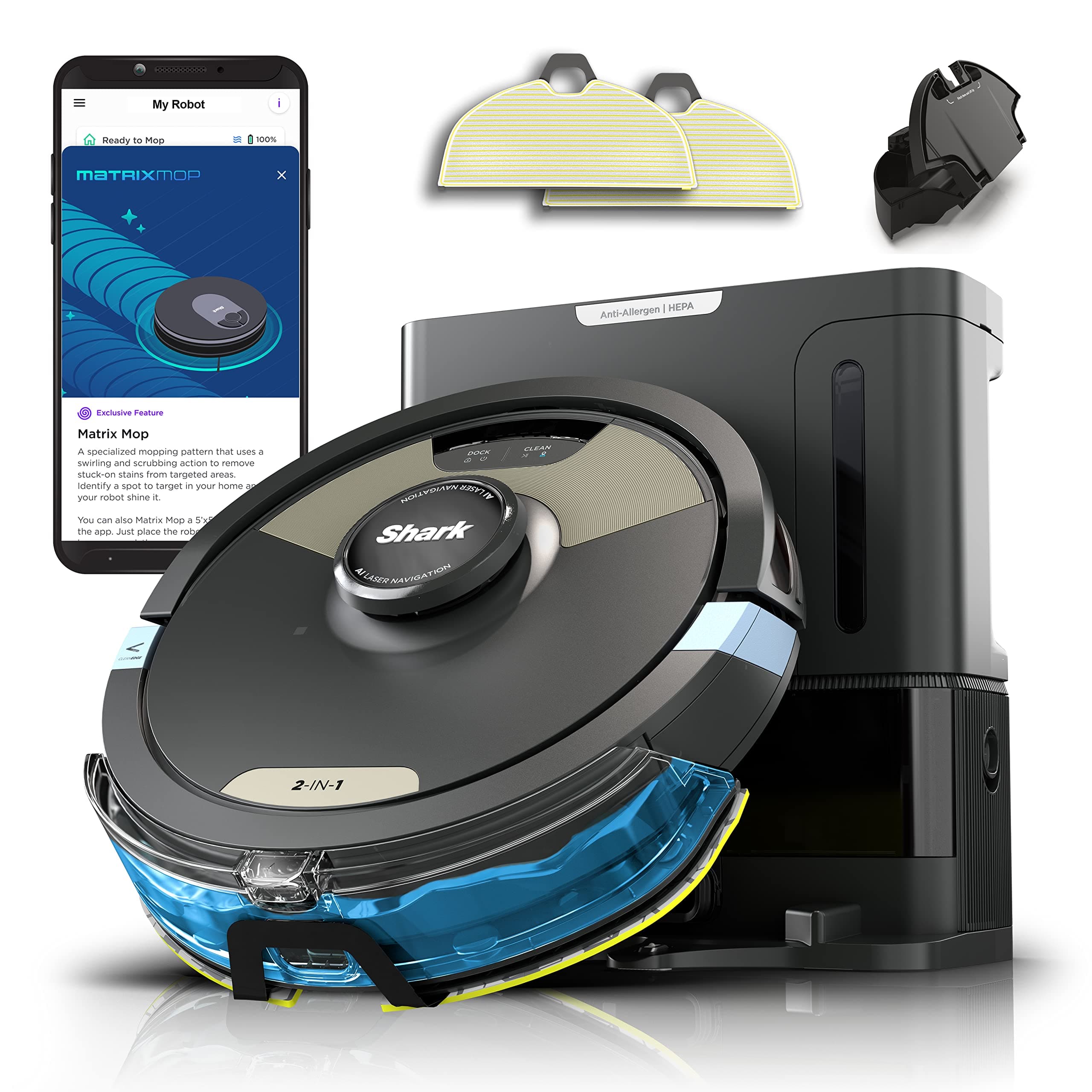 Shark Matrix Plus | 2-in-1 Robot Vacuum & Mop for Carpets & Hard Floors | Sonic Mopping & Powerful Suction for Pet Hair | Self-Empty Base | 60-Day Capacity | HEPA | LiDAR Nav | Black/Gold | AV2610WA