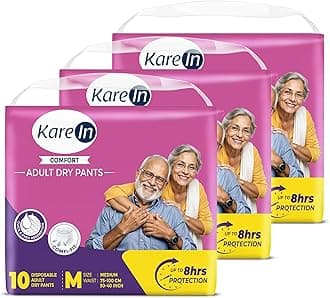 KareMed Comfort Adult Diaper Pants, Medium 75-100 Cm (30"- 40"), Unisex, Leakproof, Elastic Waist, Wetness Indicator, Pack of 3, 30 Count