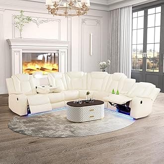 Power Recliner Sectional Sofa with LED Light, Breathing Leather Recliner Sofa Couch with USB Port/Cup Holder/Storage for Living Room (6 Seat Reclining Sectional Couch) (Cream White-1)