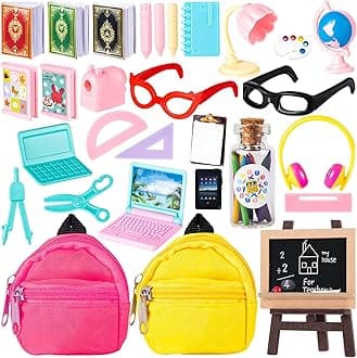 Mini School Supplies, 30Pcs Doll School Supplies Includes Mini Doll Backpack Laptops Glasses Blackboard Book Palette Paper Ruler Scissors Calculator for Dolls Accessories Set