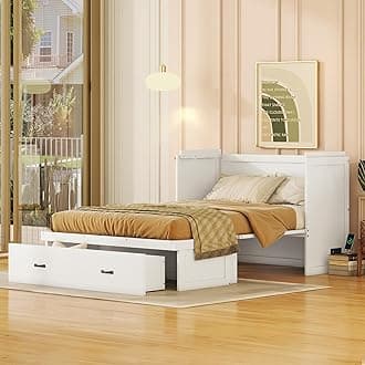 Full Size Murphy Bed with USB Port and a Large Drawer,Muti-Functional Solid Wood Wall Bed Frame,Convert Into Storage Cabinet,for Guest Rooms,Small Spaces Apartments,White