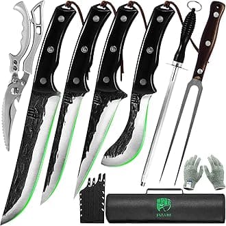 FULLHI Butcher Boning Knife, Flexible Blade,woodhandle 11pcs knife set with sheath,knife bag,shear(Black)